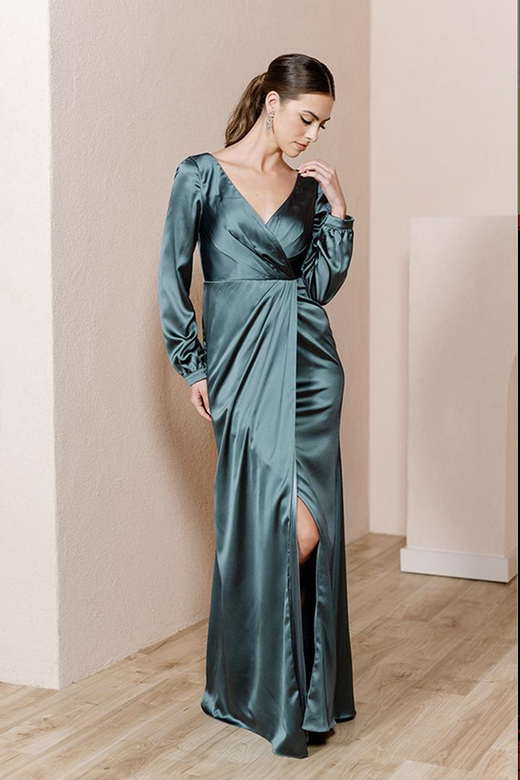 V-Neck Cap Sleeves Satin Sheath Long Bridesmaid Gown