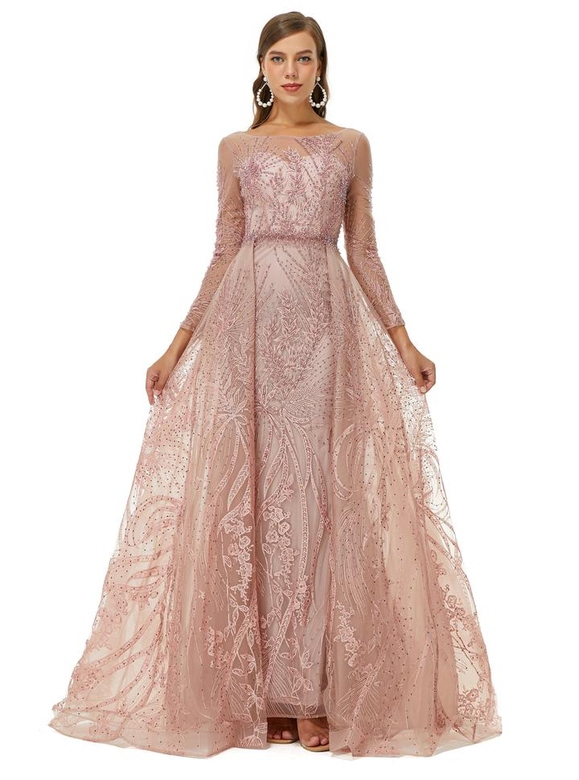 A-Line Jewel Floor-Length Long Sleeve Lace Sequined Appliques Prom Gown