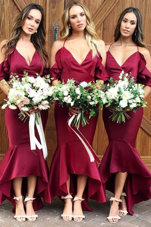 V-Neck Off-Shoulder Sleeveless Satin Mermaid Bridesmaid Gown