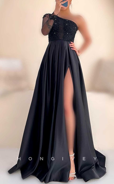 Satin A-Line One Shoulder Appliques Beaded Dress with Side Slit