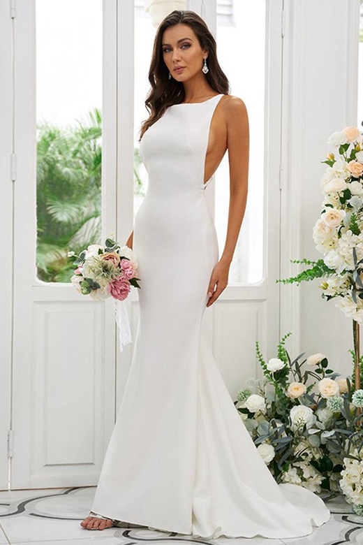 Scoop Sleeveless Satin Sheath Bridesmaid Gown with Train