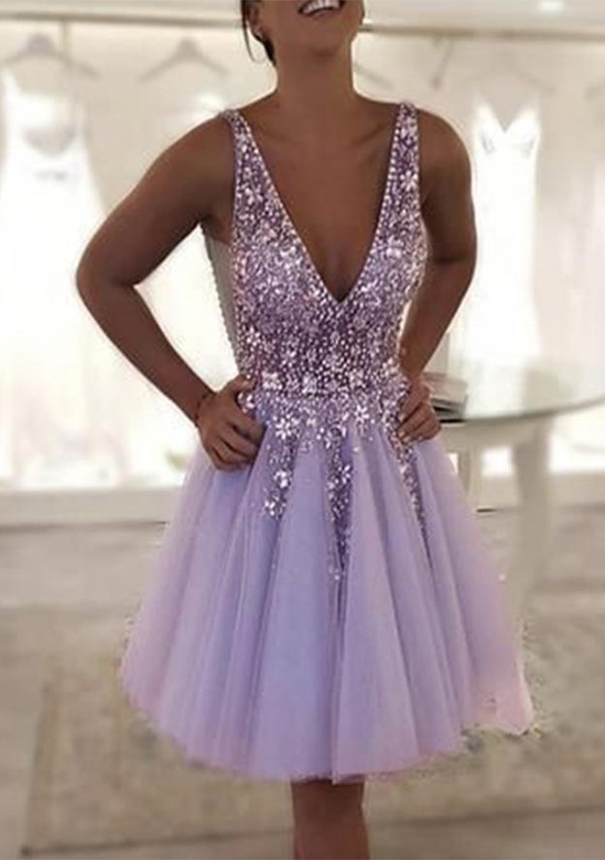 Elegant A-Line V-Neck Sleeveless Knee-Length Tulle Homecoming Dress with Beading and Sequins