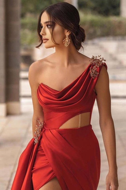 Burgundy One-Shoulder High Split Long Prom Dress, With Half Train