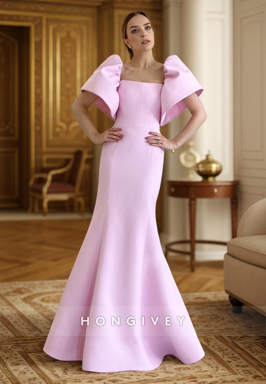 Satin Trumpet Square Puff Sleeves Gown for Prom Evening