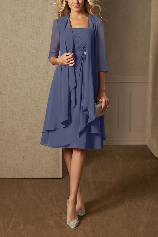 Two-Piece Square Neck Ruched Chiffon Mini Mother of the Bride Dress