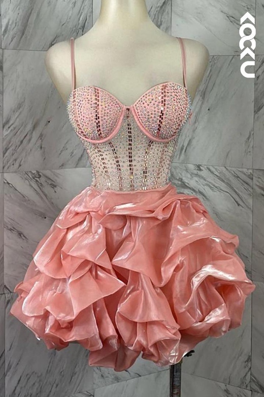 Sweetheart Beaded Sheer Tulle Satin A-Line Mini Homecoming Gown