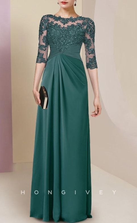 Chic A-Line Scoop 3/4 Sleeves Lace Applique Ruched Mother's Gown