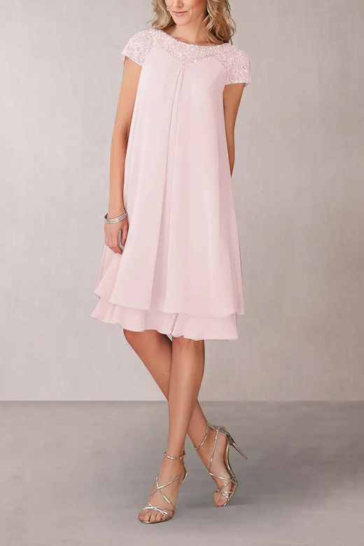 Scoop Short Sleeves Lace Chiffon A-Line Midi Mother of the Bride Dress