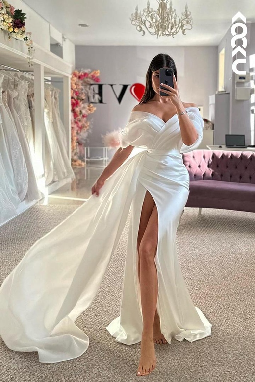 Casual V-neck Cap Sleeves Mermaid Ruched Side Slit Wedding Dress