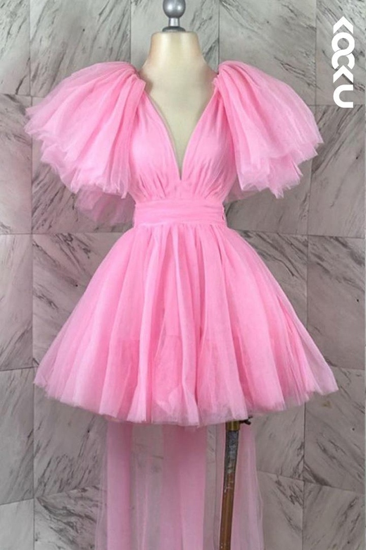 Low V-Neck Cap Sleeves Ruched Tulle A-Line Mini Homecoming Gown