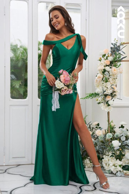 One Shoulder Cut Outs Ruched Sheath Long Bridesmaid Gown