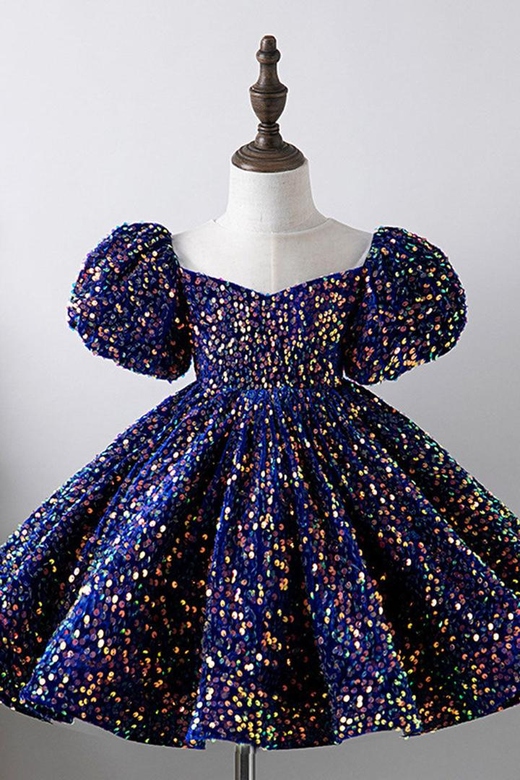 Scoop Puff Sleeves Sequined A-Line Flower Girl Dress for Weddings