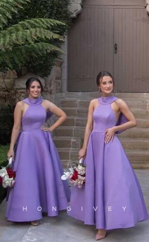 Alluring Satin A-Line High Neck Empire Floor-Length Bridesmaid Gown