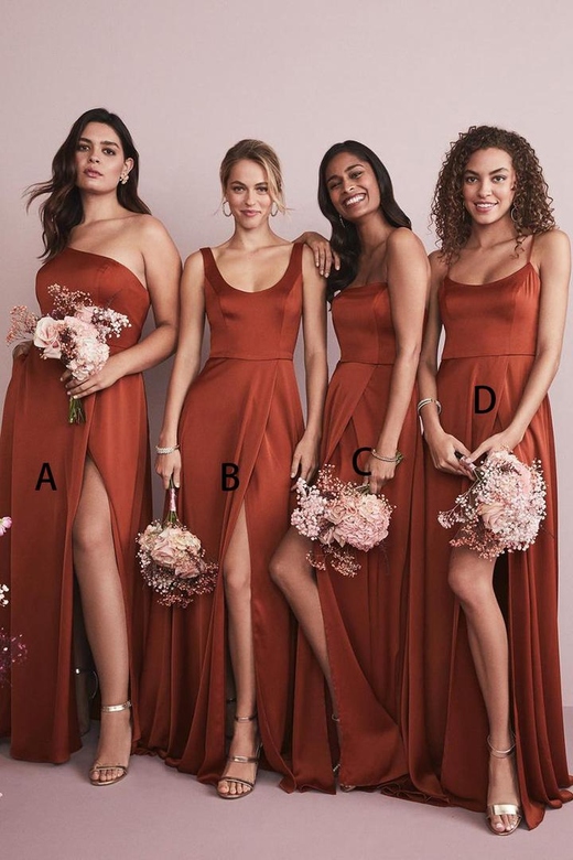 Mismatched Simple Ruched Satin A-Line Long Bridesmaid Gown with Slit