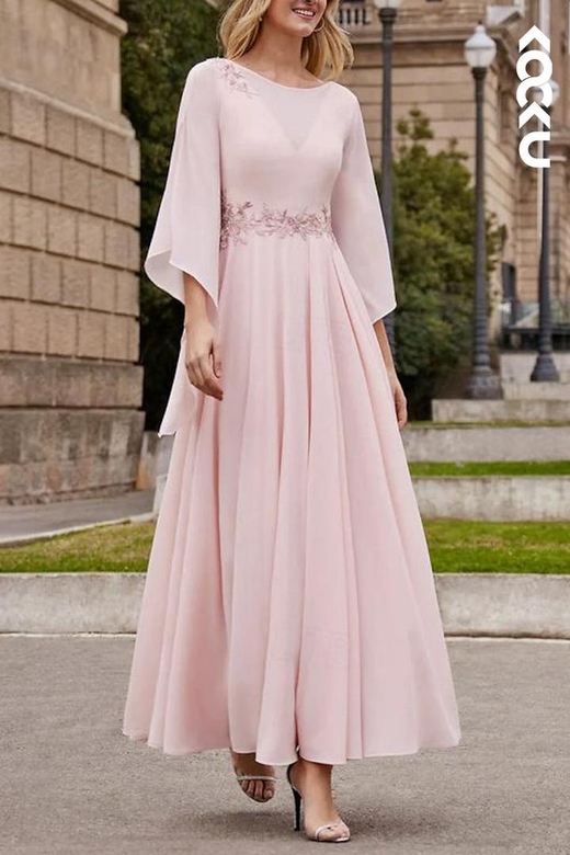 Couture & Ornate A-Line Long Sleeves Appliques Embroidery Chiffon Mother of the Bride Dress