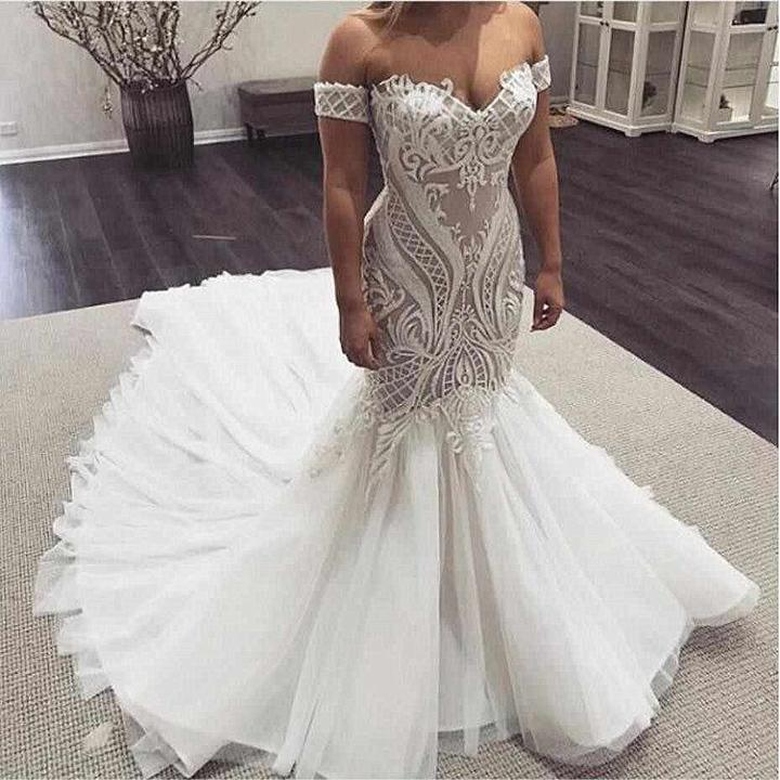 Mermaid Sweetheart Long Train Tulle Applique Gown