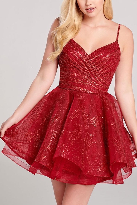 V-Neck Spaghetti Straps Beaded Tulle A-Line Mini Homecoming Gown