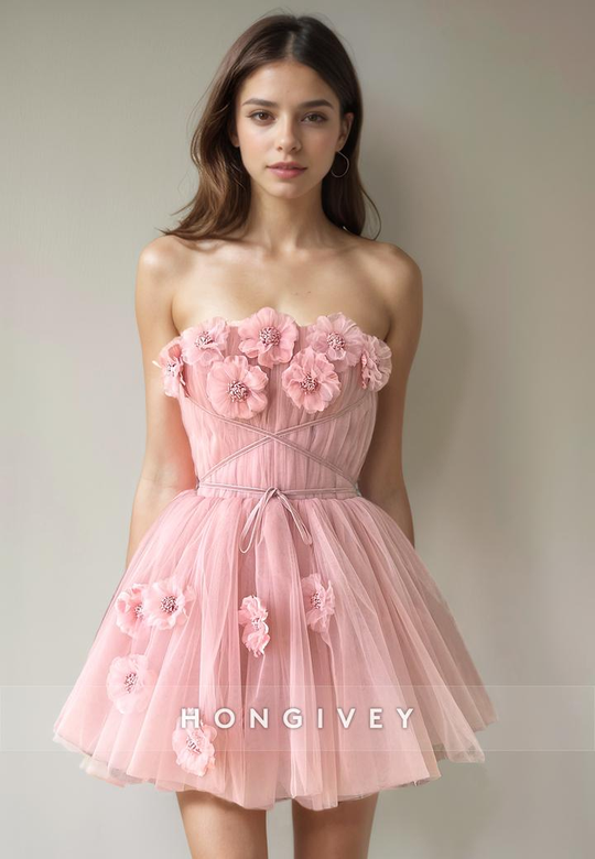 Sweet Tulle A-Line Strapless Floral Embossed Short Party Homecoming Gown