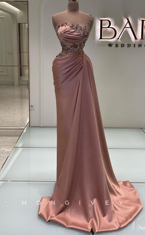 Sexy Satin One-Shoulder Sleeveless Empire Dress with Train