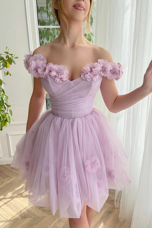 Floral Off-Shoulder Strapless Ruched Tulle A-Line Homecoming Gown