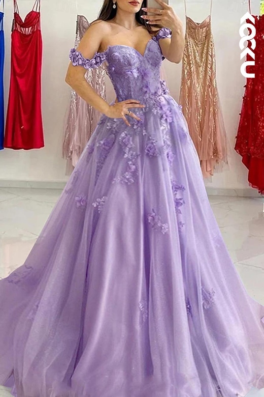 Glamorous Off-Shoulder A-Line Applique Prom Dress