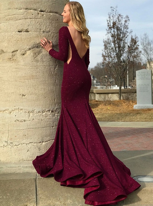 Mermaid Round Collar Long Sleeves Dress, Floor Length Court Backless Paillette