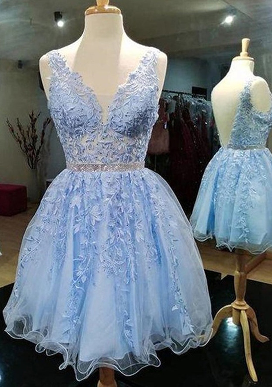 A-Line V-Neck Laced Homecoming Dress with Appliqued Beading for an Elegant Style