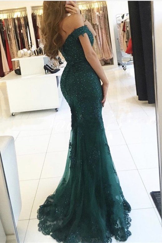 Elegant Tulle Off-the-shoulder Dress, Green Mermaid Evening Gown Sequins Lace