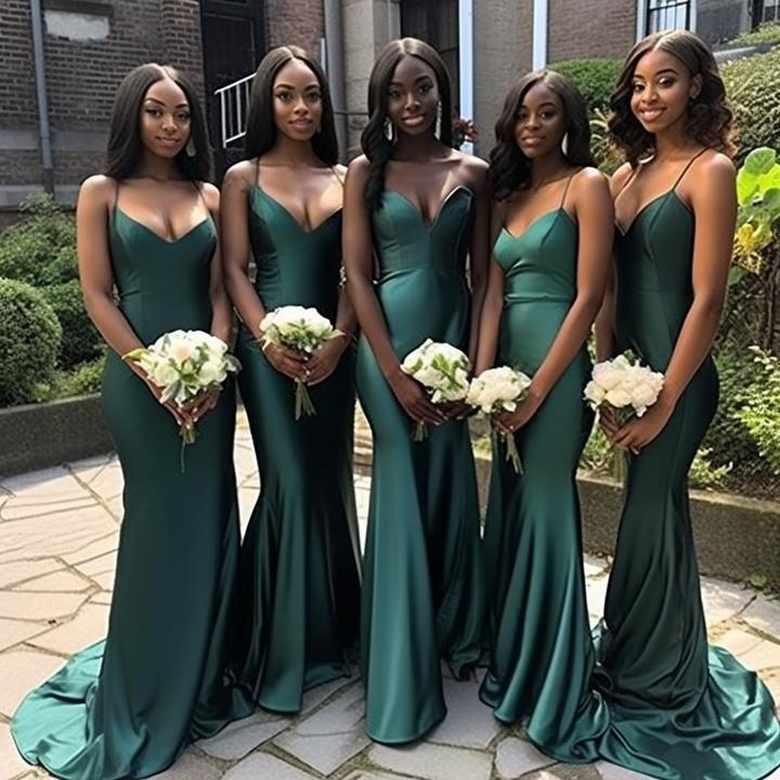 Deep V Stain Sexy Green Stain Sweep/Brush Train Spaghetti Straps Maxi Bridesmaid Dresses