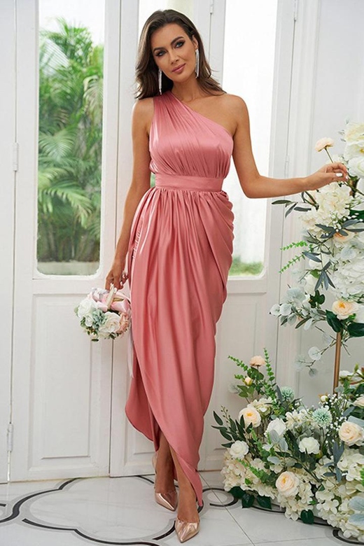 One Shoulder Ruched Satin A-Line Long Bridesmaid Dress with Side Slit