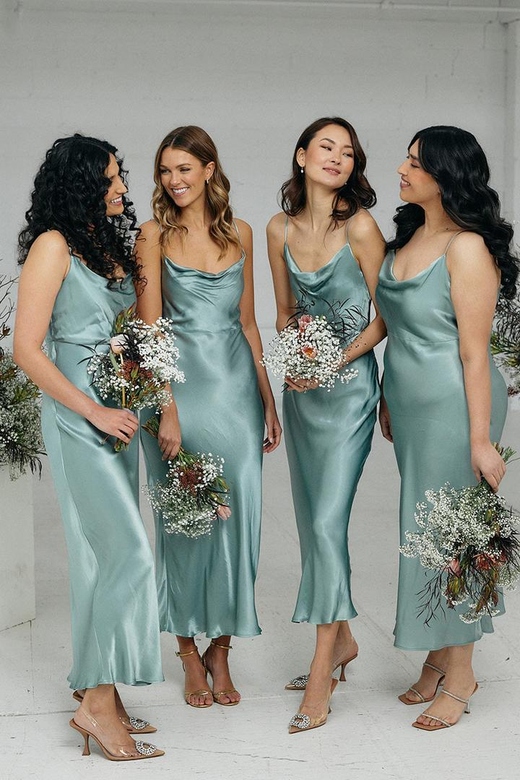 Spaghetti Straps Ruched Sheath Satin Midi Bridesmaid Gown