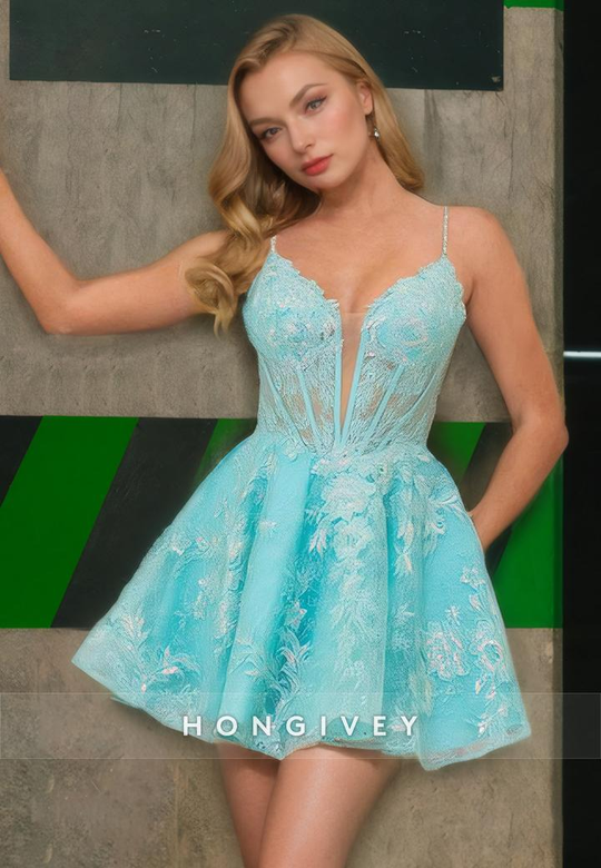 A-Line V-Neck Spaghetti Lace Applique Short Homecoming Party Dress