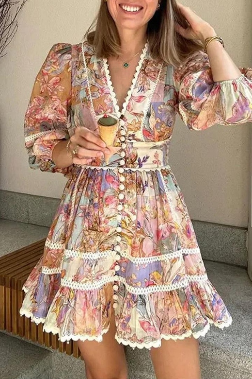 Vintage Elegant Print Buttons V-Neck A-Line Dresses