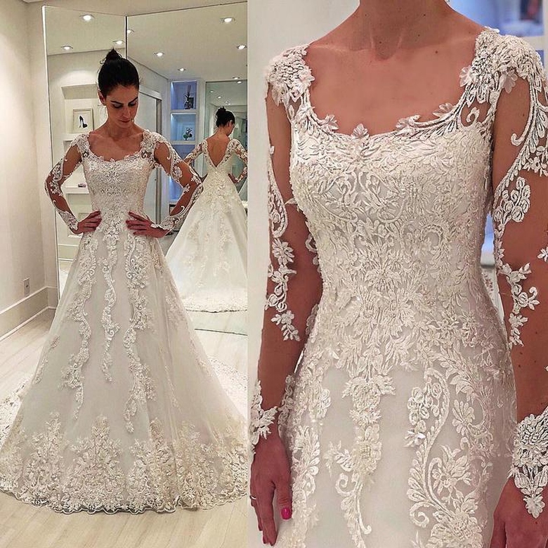 A-Line Round Neck Long Sleeve Floor Length Tulle Applique Wedding Gown