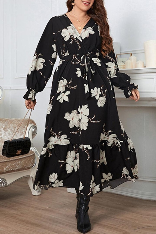 Elegant Floral Bandage V-Neck A-Line Plus Size Dresses