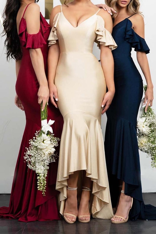 V-Neck Off-Shoulder Sleeveless Ruched Satin Mermaid Bridesmaid Dress