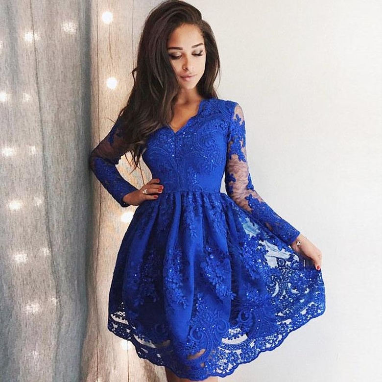 Cute Royal Blue Lace Long Sleeves Homecoming Short Hoco Dresses for Girls