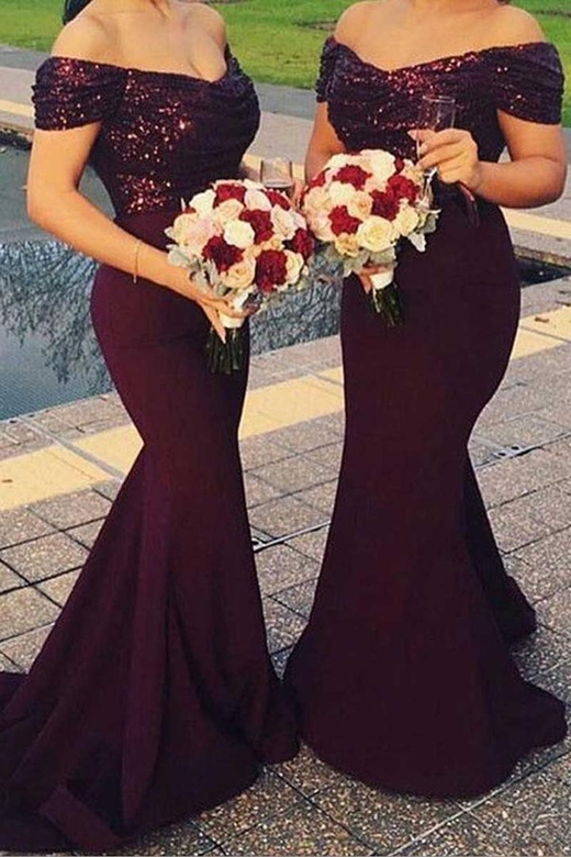 Off-Shoulder Sleeveless Sequined Satin Mermaid Long Bridesmaid Gown