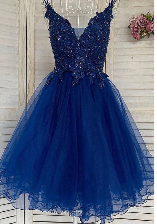 A-Line V-Neck Sleeveless Tulle Homecoming Dress with Beaded Appliques