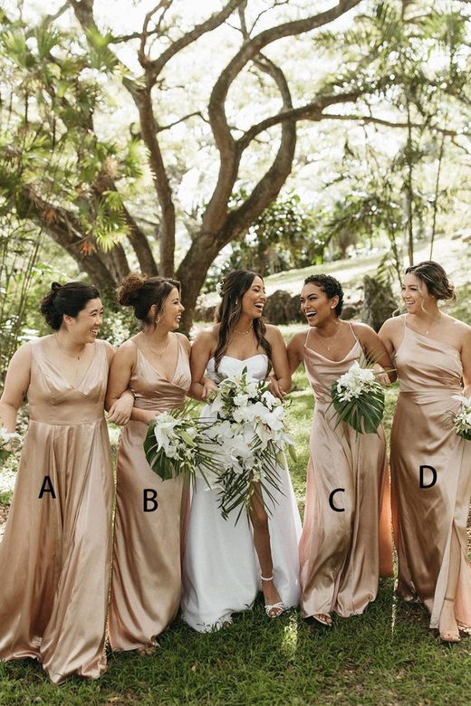 Champagne Mismatched Ruched Satin A-Line Long Bridesmaid Gown