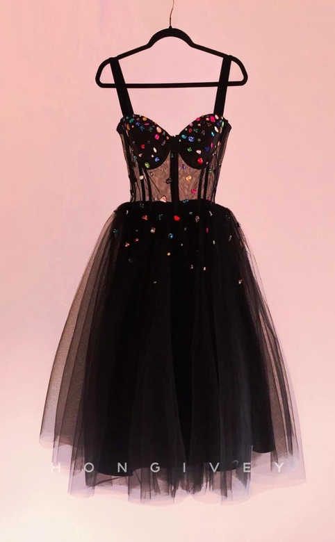 Sensual Black Illusion Cutout Tulle A-Line Rhinestone Short Party Gown