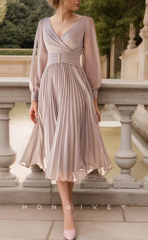 Elegant Chiffon V-Neck A-Line Long Sleeve Mother's Formal Gown