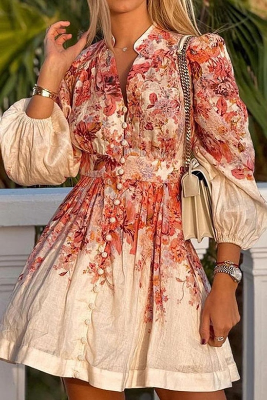 Elegant Floral Buckle V-Neck A-Line Dresses