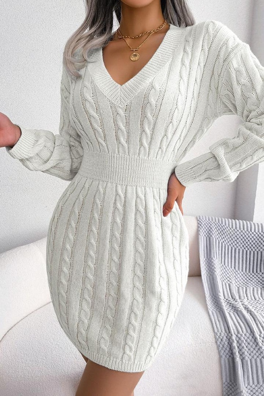 Sexy V-Neck White Winter Fisherman Cable Knit Sweater Mini Dress