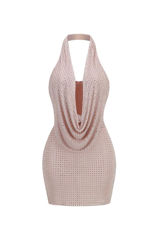 Sparkly Rhinestone Halter Cowl Neck Sheer Mesh Bodycon Mini