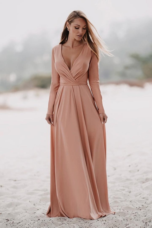 V-Neck Ruched Long Sleeves Satin A-Line Bridesmaid Dress