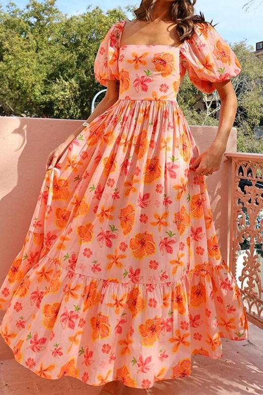 Elegant Print Flowers Fold Square Collar A-Line Dresses