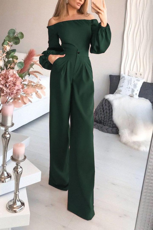 Dark Green Off-the-Shoulder Long Sleeve Jumpsuit for Women