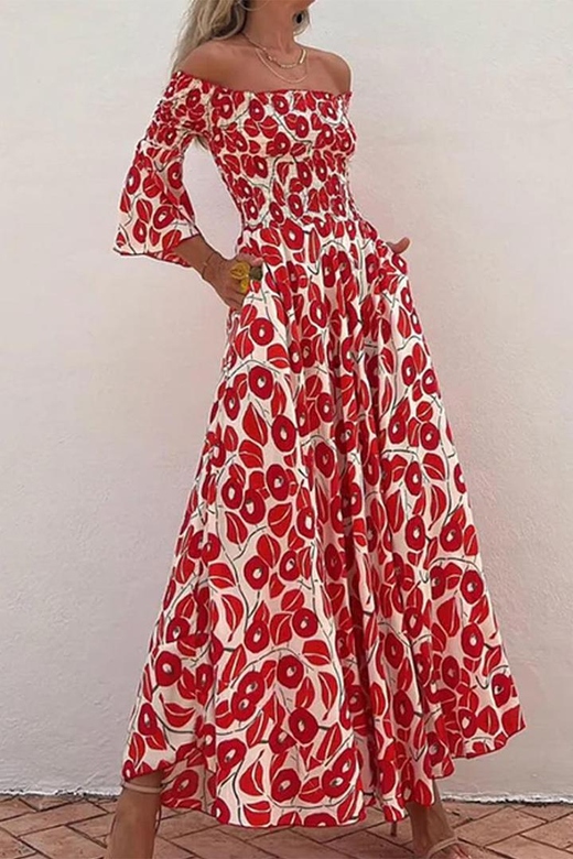 Elegant Floral Pocket Fold Off the Shoulder A-Line Dresses