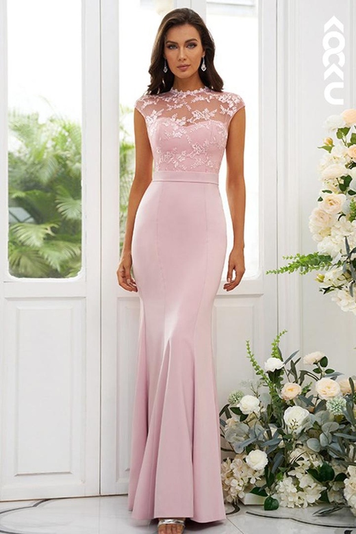 High Neck Lace Sleeveless Satin Sheath Bridesmaid Gown